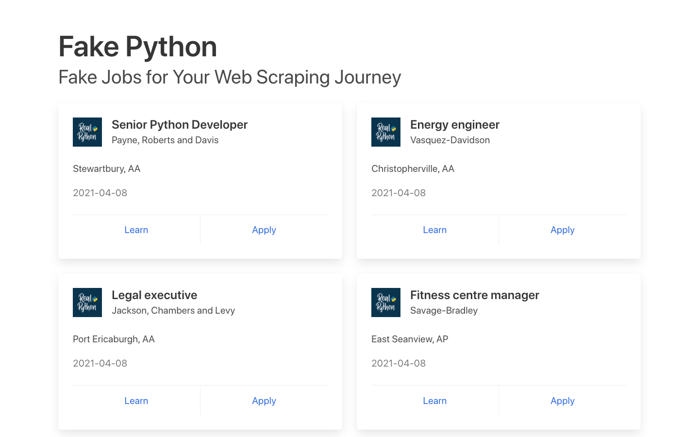 Index page of the Fake Python job board