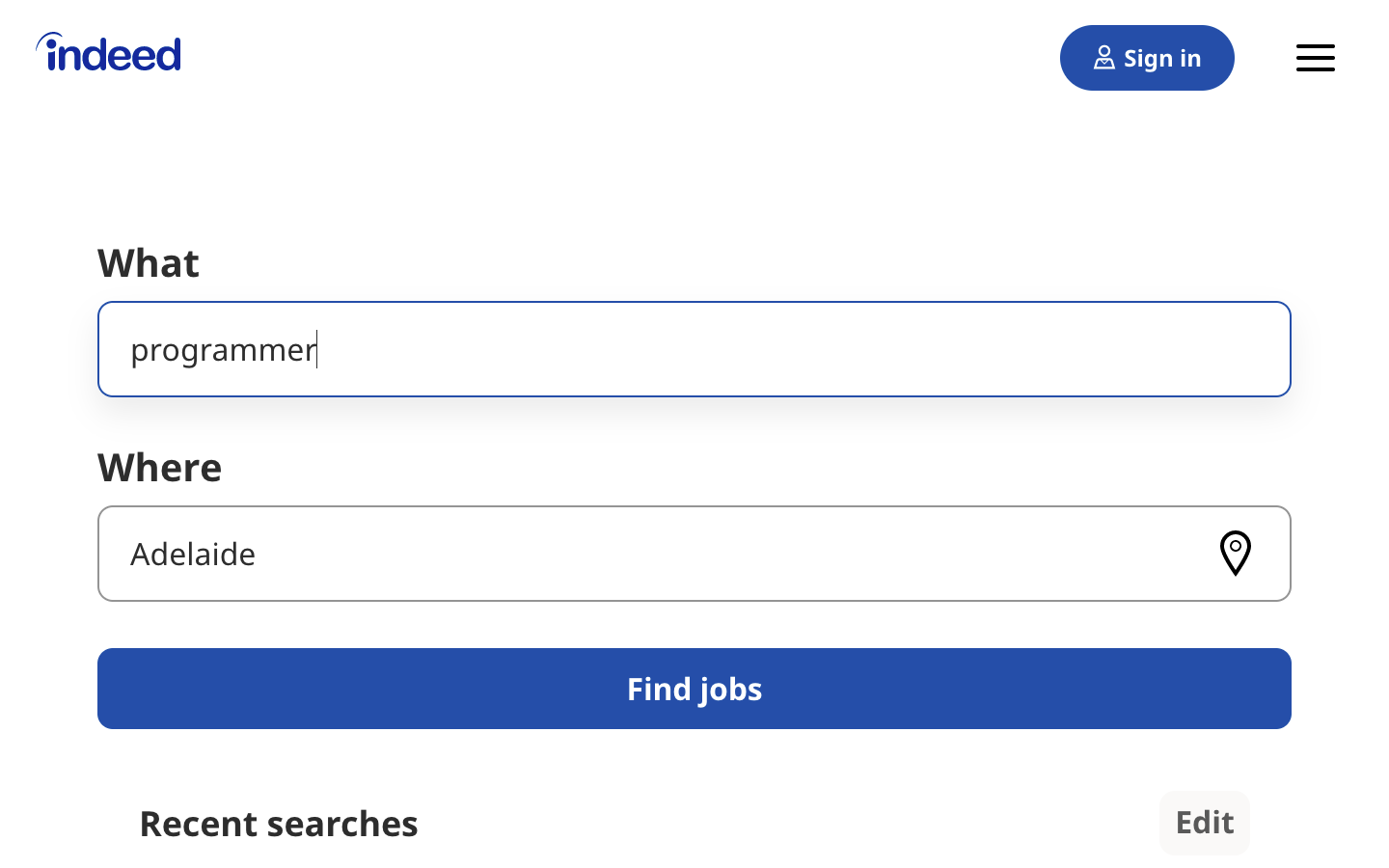 Search interface of the Indeed job board