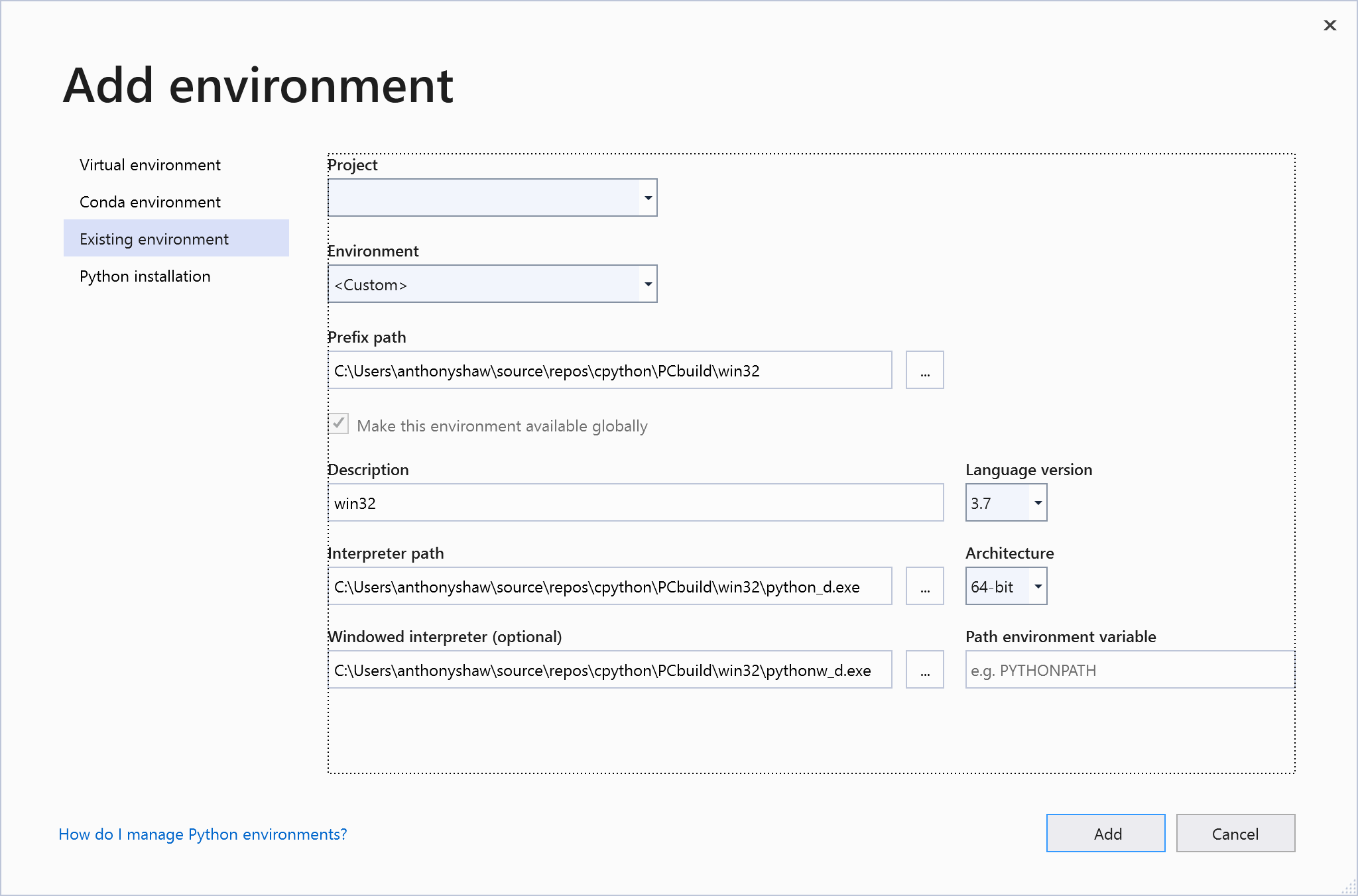 Adding an environment in VS2019