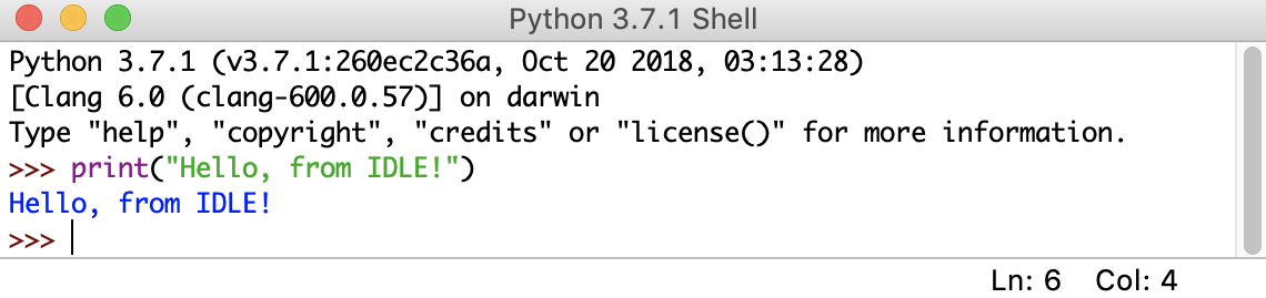 Hello World program shown in the IDLE python interpreter