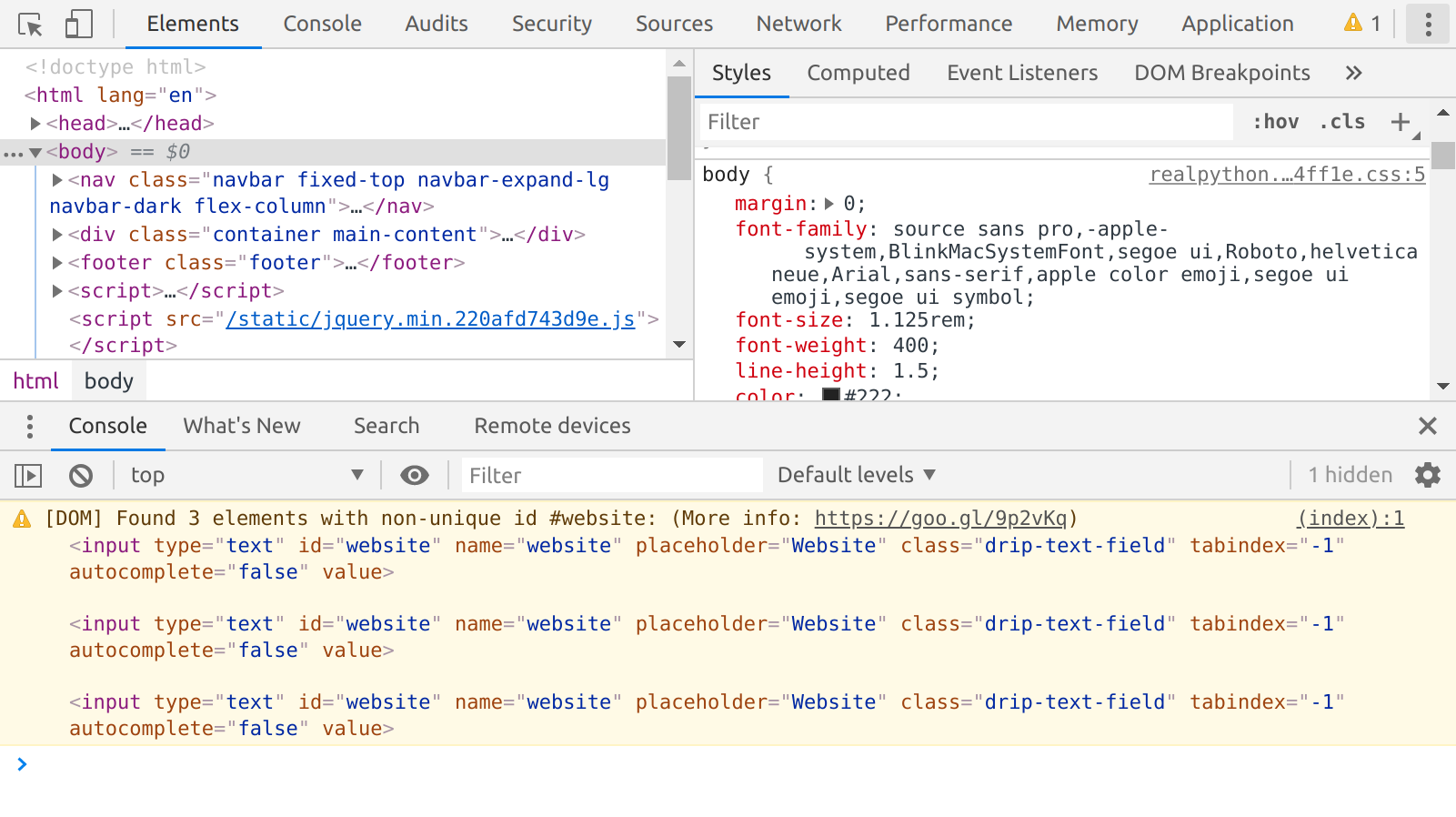 Web Developer Tools in Google Chrome
