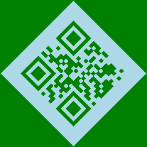 This is an image of an expanded rotated QR Code of 5 x 5 pixels with a light blue background and the dark parts are green.