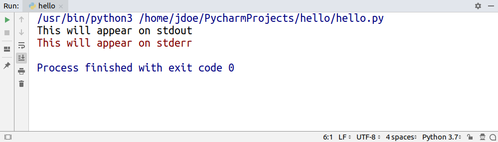 The output of a program executed in PyCharm