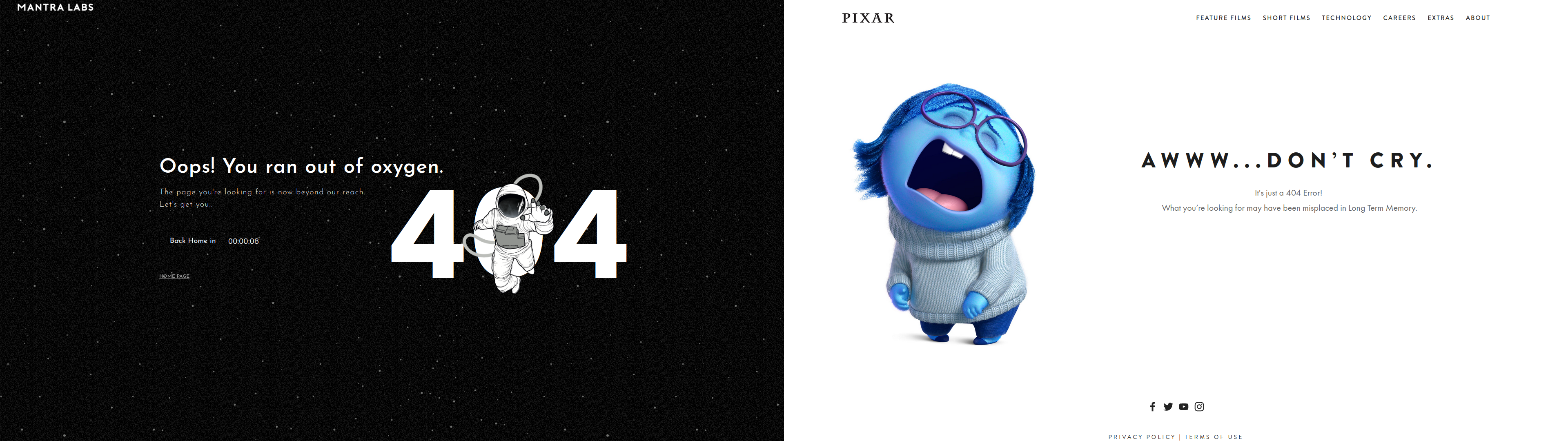404 error pages for Mantra Labs and Pixar