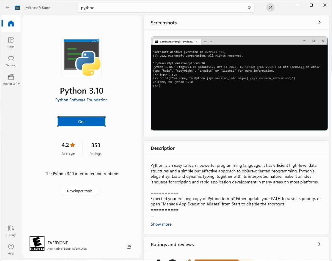 Python in Microsoft Store