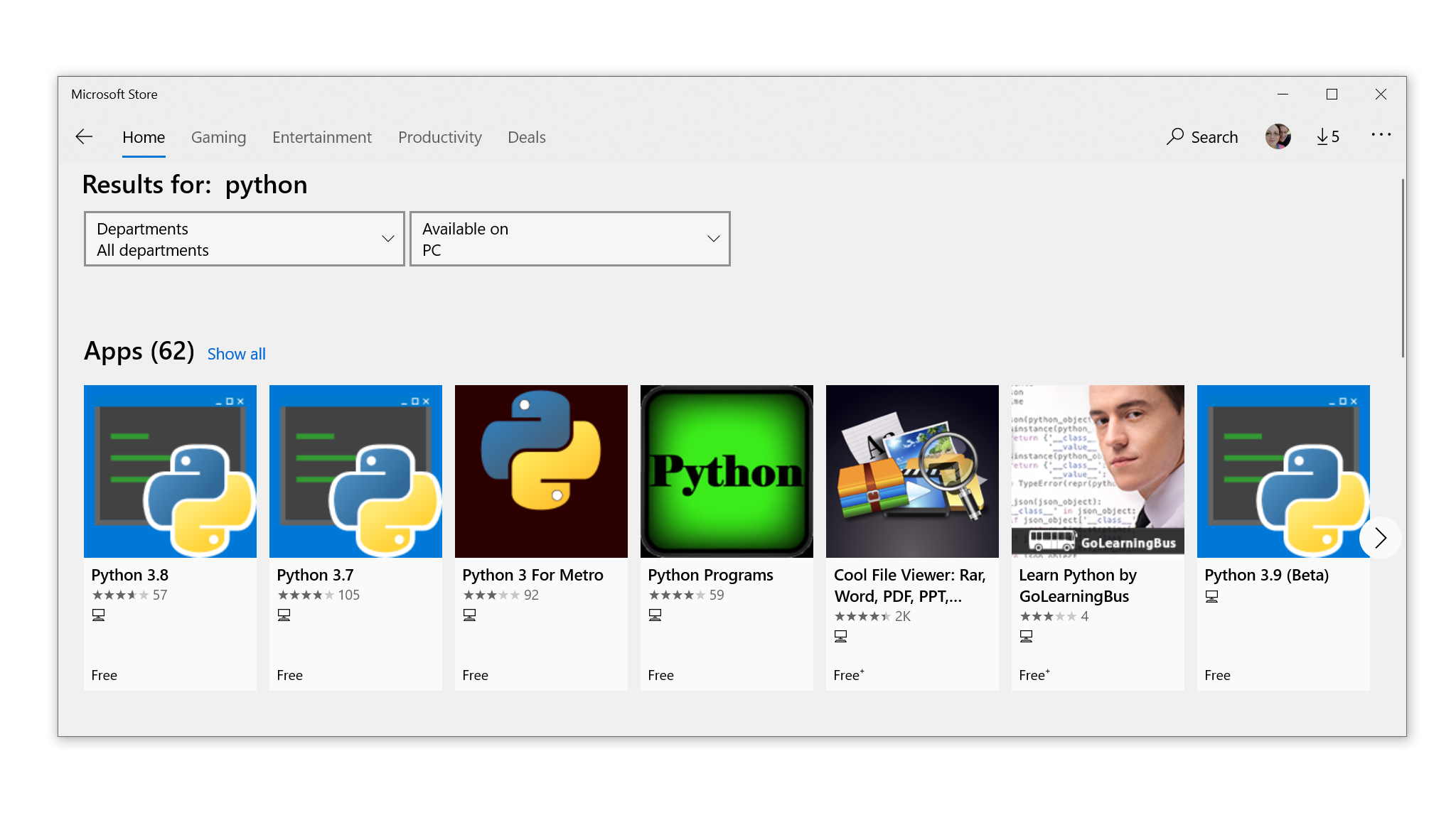 The Microsoft Store search results for "Python"