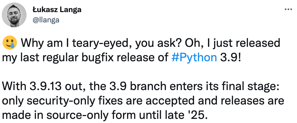 Screenshot of Python 3.9.13 release tweet