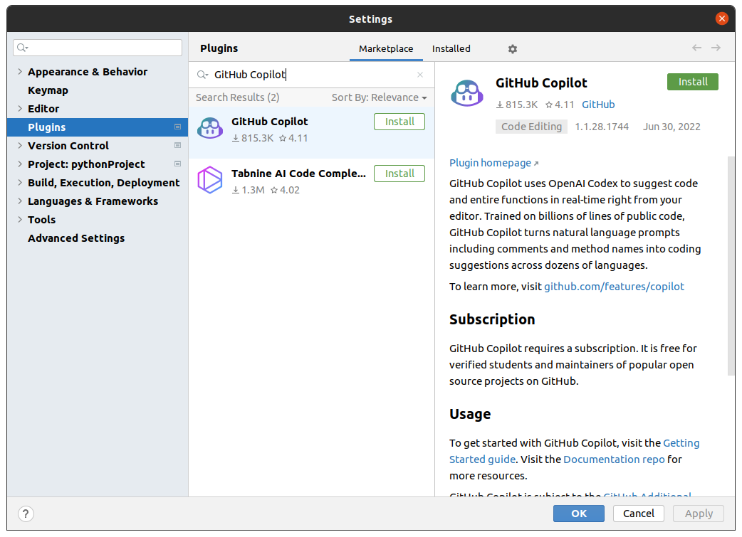 GitHub Copilot Plugin for PyCharm