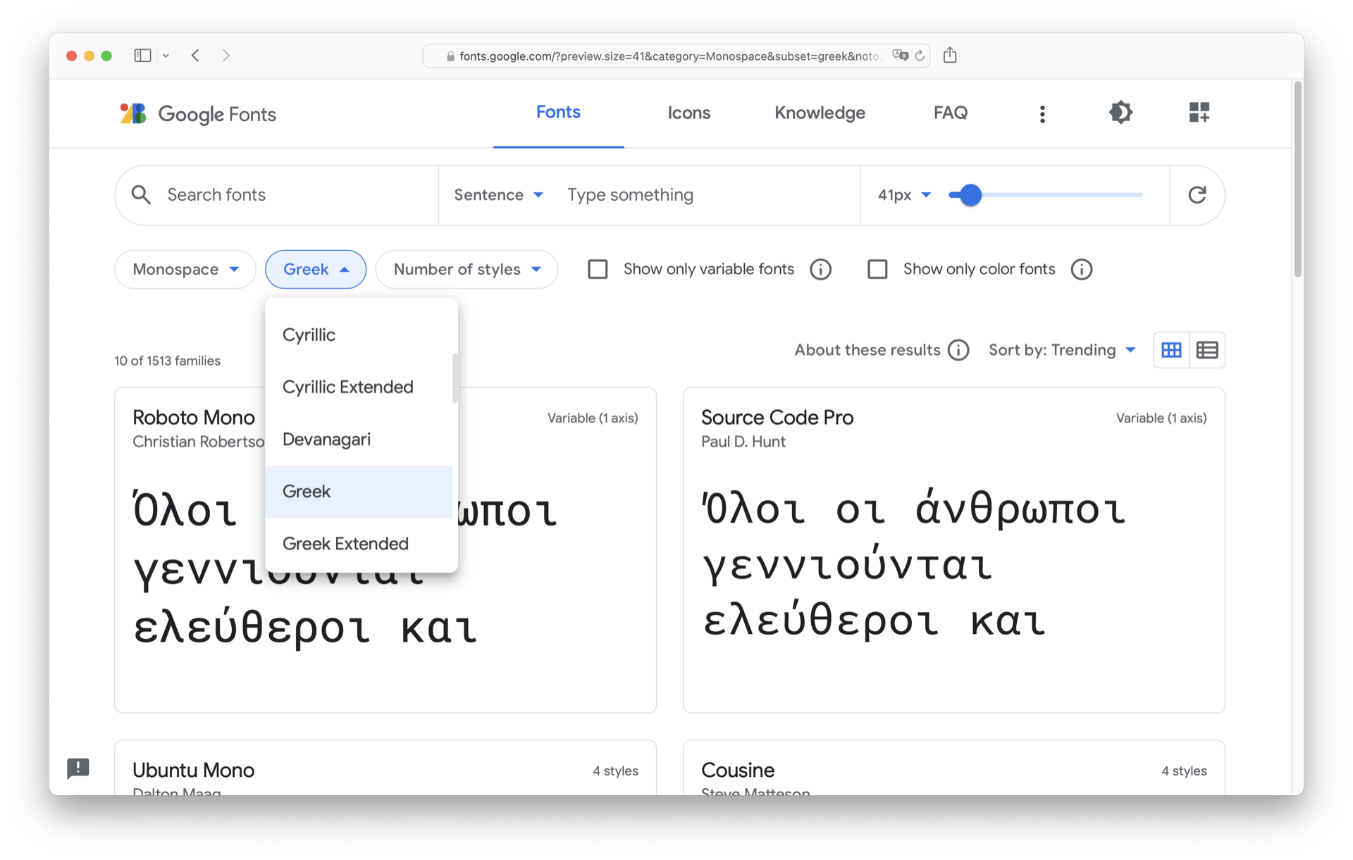 Screenshot of the Google Fonts Website with the filter for language support