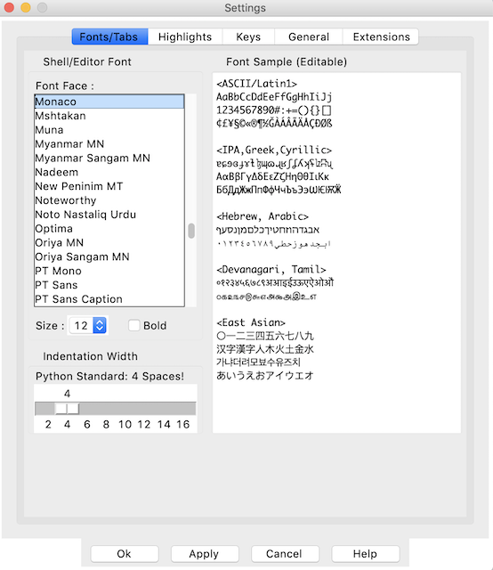 the font settings window of the idle customization pane