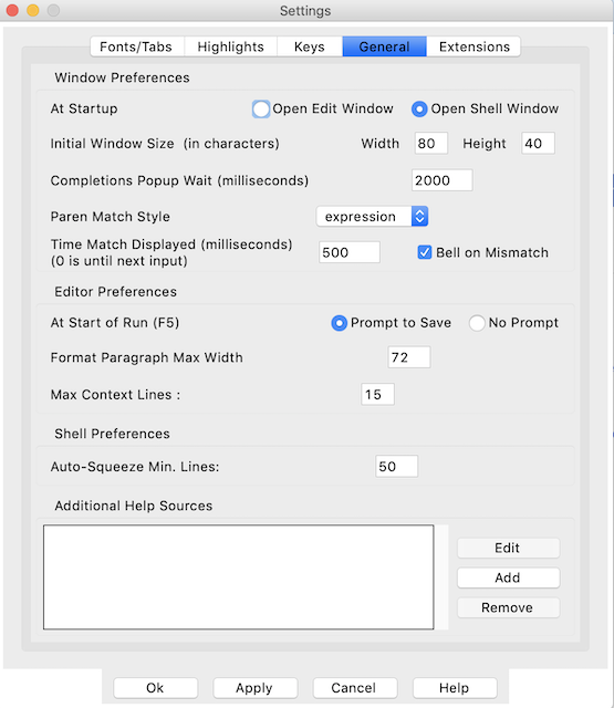 shows teh general settings available for idle