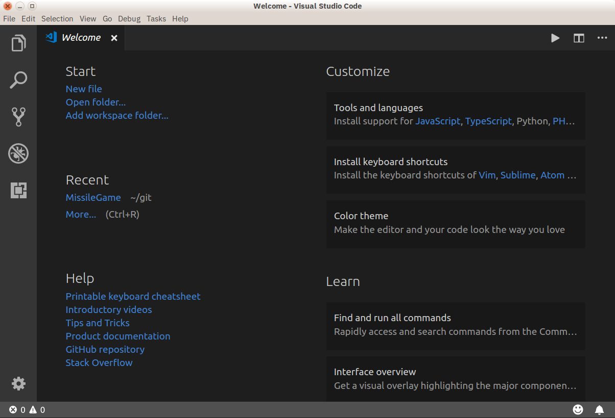 Visual Studio Code Welcome Screen