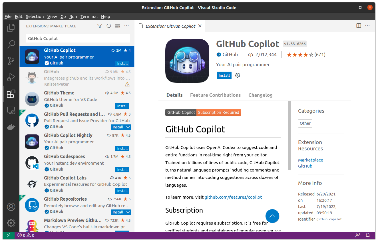 GitHub Copilot Extension for Visual Studio Code