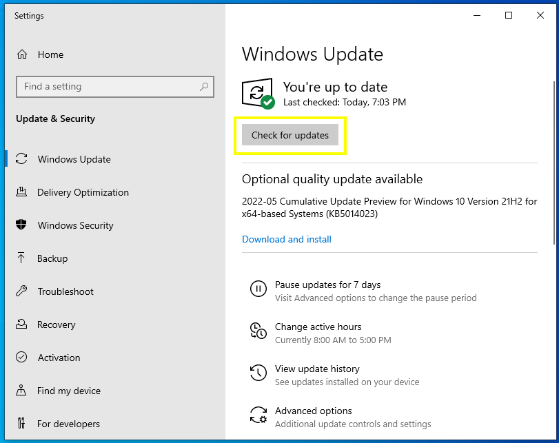 Windows updates control paned