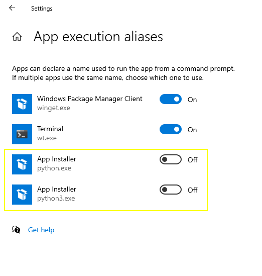 Windows Control panel for app execution aliases