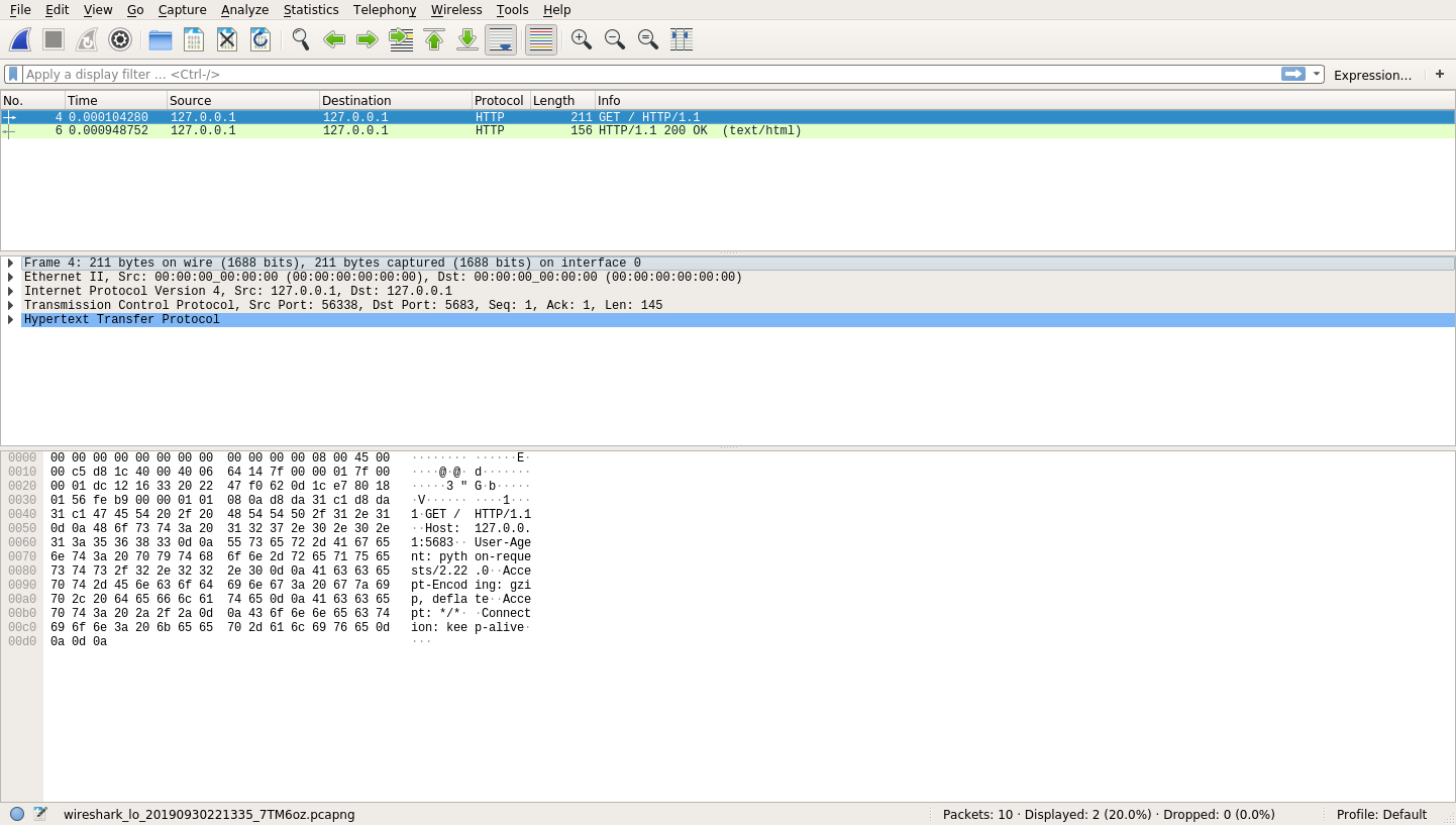 The first HTTP request in Wireshark