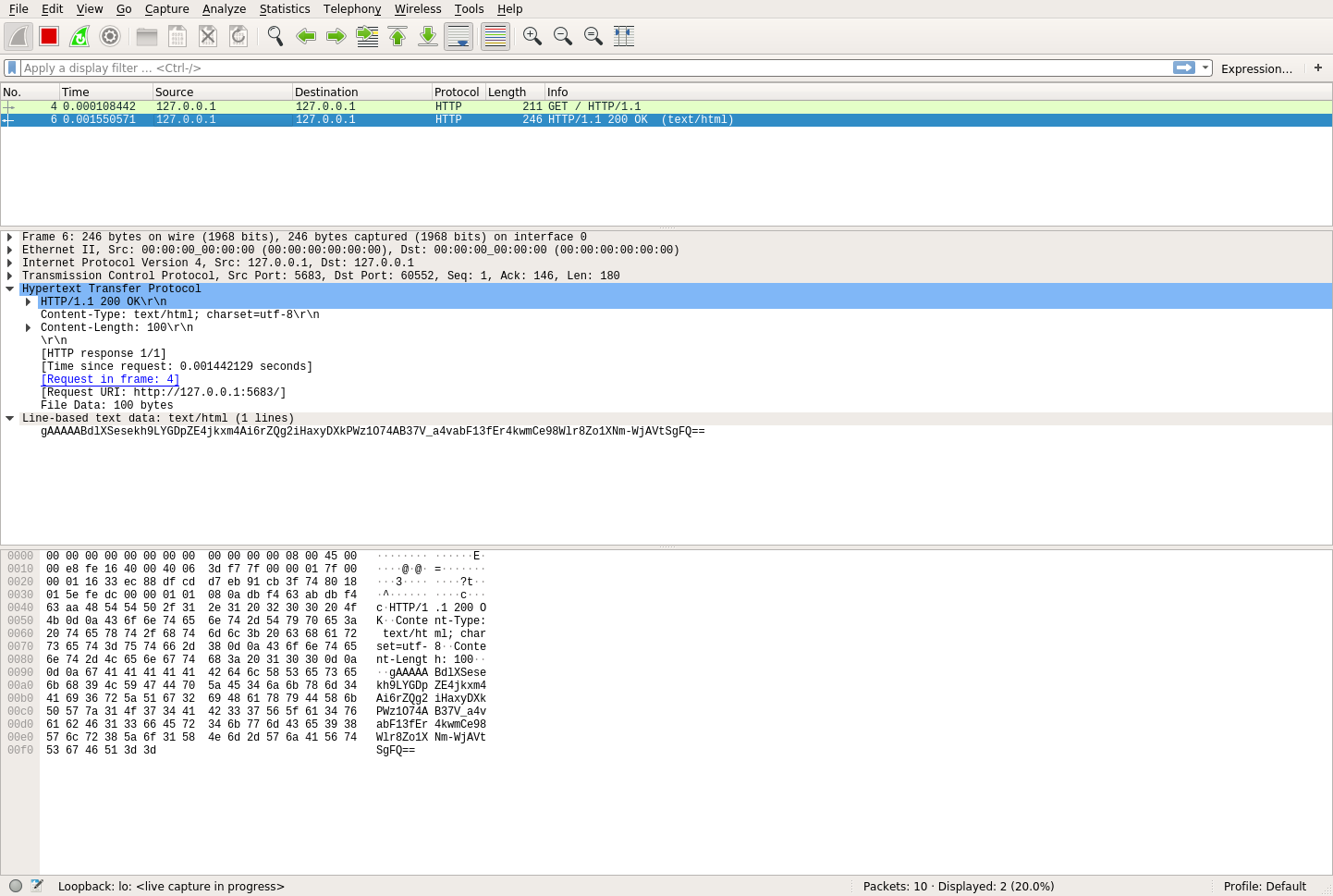 Wireshark's view of the HTTP response that was encrypted using symmetric encryption